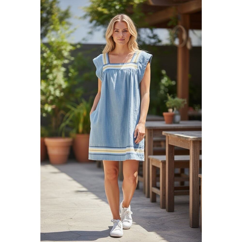 FAHERTY Size M Hailee Stripe Trim Shift Dress In Indigo Ombre Stripe Pockets